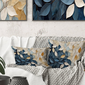 Beige And Blue Minimalism Leaves Collage - Leaves Throw Pillow